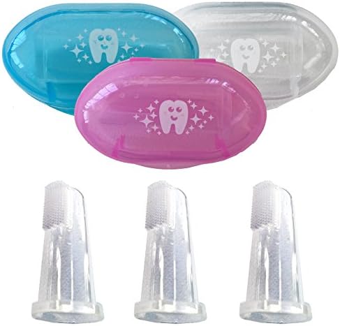 Giggle Burp Poo Baby Finger Toothbrush with Case for Babies and Toddlers. Kids Love Them. Soft Bristles, Train Your Child Healthy Oral Habits and Buy Today (3 Brush Set, Clear Blue Pink Cases)