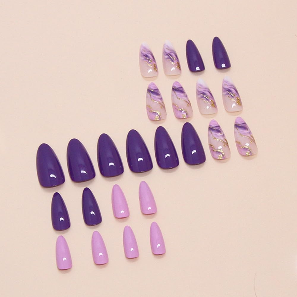 Purple Press on Nails Medium Almond Fake Nails Marble Texture Glossy False Nails with Glitter Gold Foil Design Stick on Nails Full Cover Glue on Nails Ombre Acrylic Nails for Women Manicure 24Pcs - Image 4