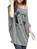 Allegra K Women's Batwing Sleeves Portrait Print Front Loose Tunic Top