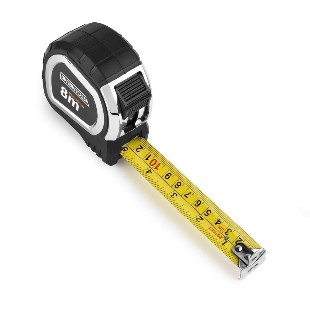 5 Metre 8 Metre Retractable Measuring Tape 8m / 26ft 5m / 16ft by Barbarossa | Professional Tape Measure Metric with Smooth Pull & Retraction ● Metric & Imperial ● 2500mm Standout (8M / 26ft)