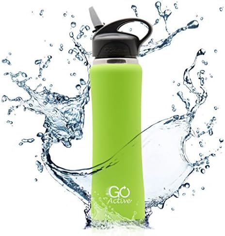 GO Active Insulated Stainless Steel Water Bottle with Premium Straw Lid. (24oz, Lime Green Rubber Coated Premium Lid)