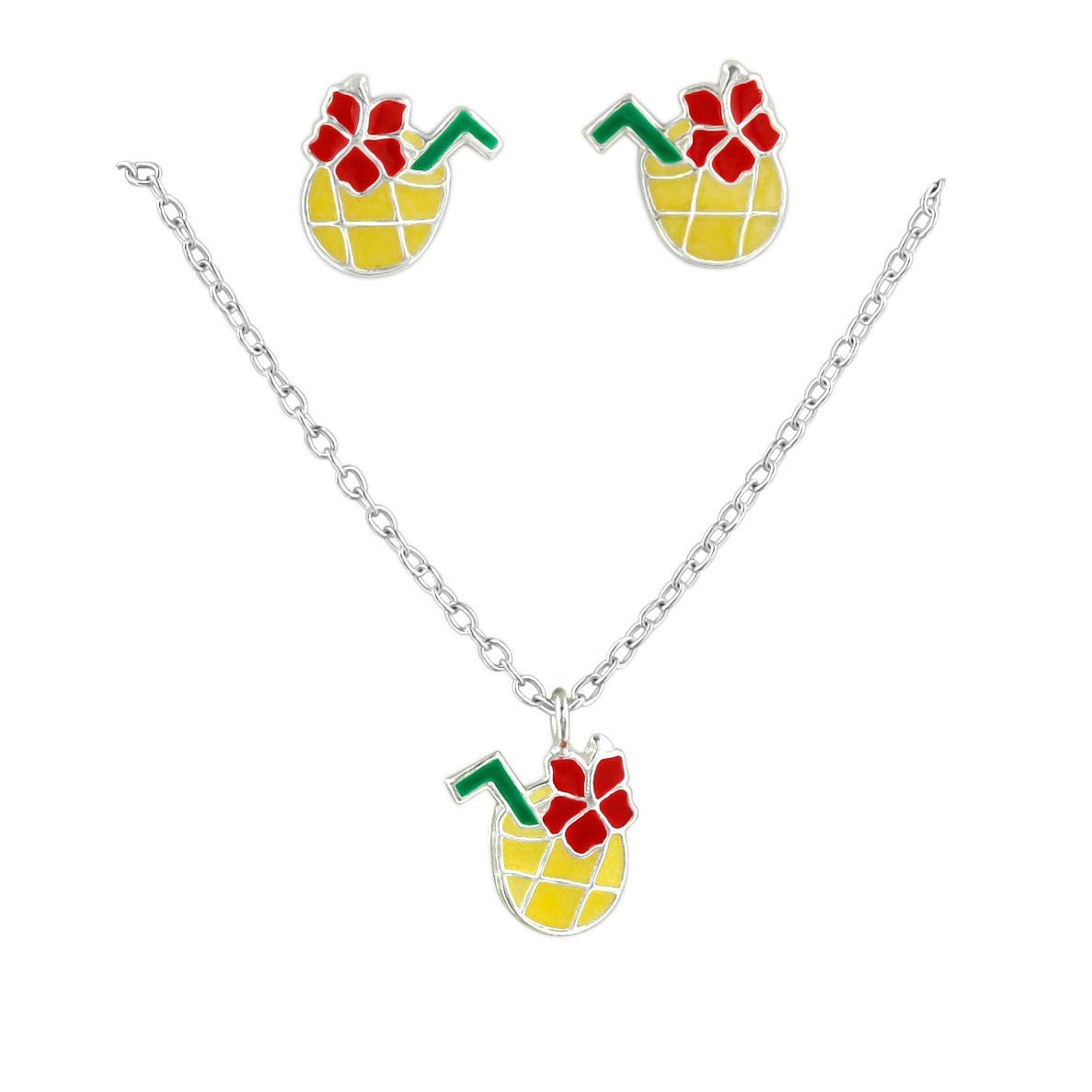 The Rose & Silver Company Girls 925 Sterling Silver Pineapple Drink Necklace and Stud Earrings Set