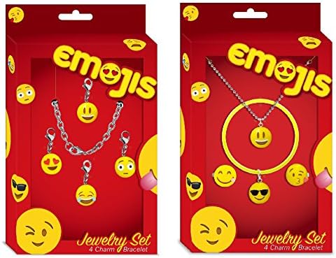 Emojis Jewelry Sets (2 &amp; 3 Packs) with Interchangeable Charm Bracelets, Rings, and Pendants Perfect for Holiday Gifts (Set: Smiley, Sunglasses, Kiss, Tongue + 4 Charm Bracelet- Smiley, Heart Eyes, Laughing, Shocked)