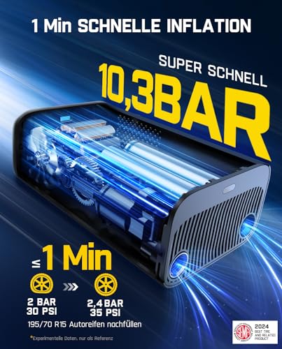 Fanttik X9 Pro Tragbare Elektronische Luftpumpe, 1 Min Schnelles aufblasen Elektrische Kompressor, 10,3 BAR/150 PSI Luftkompressor mit LED-Licht für Fahrrad, Auto, Motorrad und Ball-Klassisch Schwarz thumbnail 2