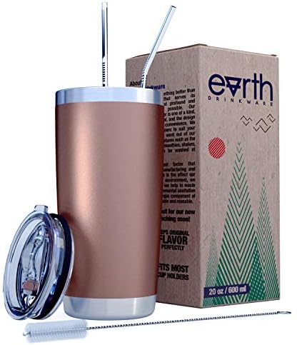 EARTH 20 oz Rose Gold Stainless Steel Tumbler with Splash Proof Lid, 2 Straws, Pipe Brush & Gift Box - Double Wall Travel Mug Flask | Vacuum Insulated Rambler Coffee Cup | BPA Free