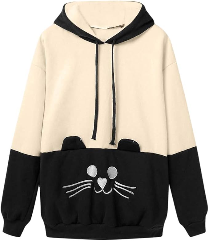 Women Cute Cat Embroidery Long Sleeve Hooded Sweatshirt (White, S) at