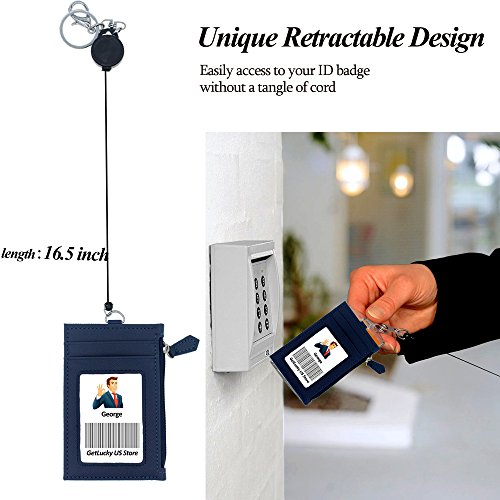Badge Holder with Zipper,Boarding Pass Holder,2-Sided PU Leather ID Badge Holder with Retractable Badge Reel & Easy Clasp Keychain,1 ID Window 4 Card Slots 1 Zipper Pocket, 17.8” Neck Lanyard (Blue)