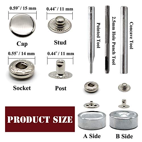 12 Sets Heavy Duty Leather Snap Fasteners Kit, 15mm Metal Snap Buttons