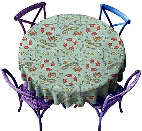 LOVEEO Anti-Fading Tablecloths,Nautical Lifebuoy Shell Stones Crab Underwater Adventure Navigation Sailboat,Dinner Picnic Table Cloth Home Decoration,67 INCH Mint Green Red Orange