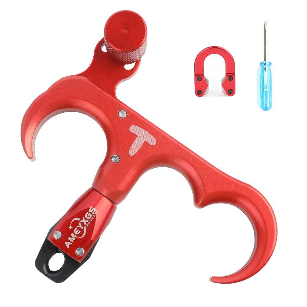 SHARROW Archery Thumb Trigger Release 3 Finger Compound Bow Release Aids with Metal D-loop Ring for Hunting Shooting (Red)