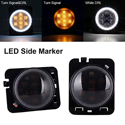 LED Side Marker Lights Amber Turn Signal with White Halo DRL Smoke Lens Replaces 07-17 Jeep Wrangler Front Fender Signal Parking Indicator Lamp