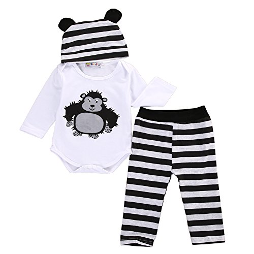 3pcs Cute Infant Baby Boys Girls Animal Long Sleeve Romper Tops+ Pants+ Hat Outfits Set