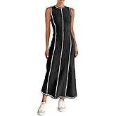 Wenrine Womens Tank Maxi Dress Sleeveless Crew Neck Knit Ribbed Summer Contrast Stitch Dresses
