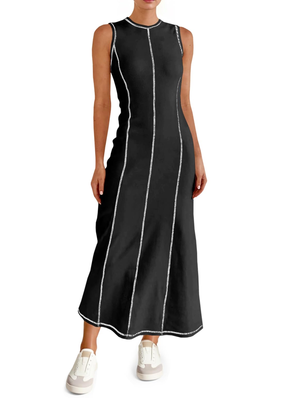 Photo 1 of (SEE NOTES) ****STOCK PHOTO REFERENCE ONLY***Wenrine Womens Tank Maxi Dress Sleeveless Crew Neck Knit Ribbed Summer Contrast Stitch Dresses Black S