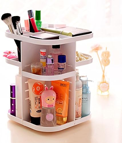 Korean Style Tabletop Multi Function Large Capacity 360 Degrees Rotating Cosmetics Storage Revolving Makeup Organizer Display Box (White)