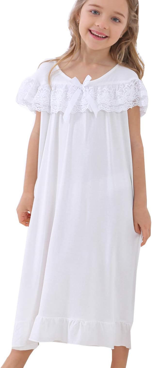 PUFSUNJJ Lovely Girls Princess Nightgown Soft Cotton Sleepwear Kids 3-12 Years