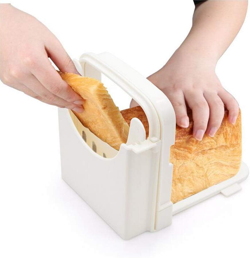 Adjustable Bread Slicer Guide for Homemade Bread Compact Foldable Bagel Loaf Cutter Box 5 Thickness Mold Sandwich Maker Toast Slicing Machine with Crumb Tray (White)