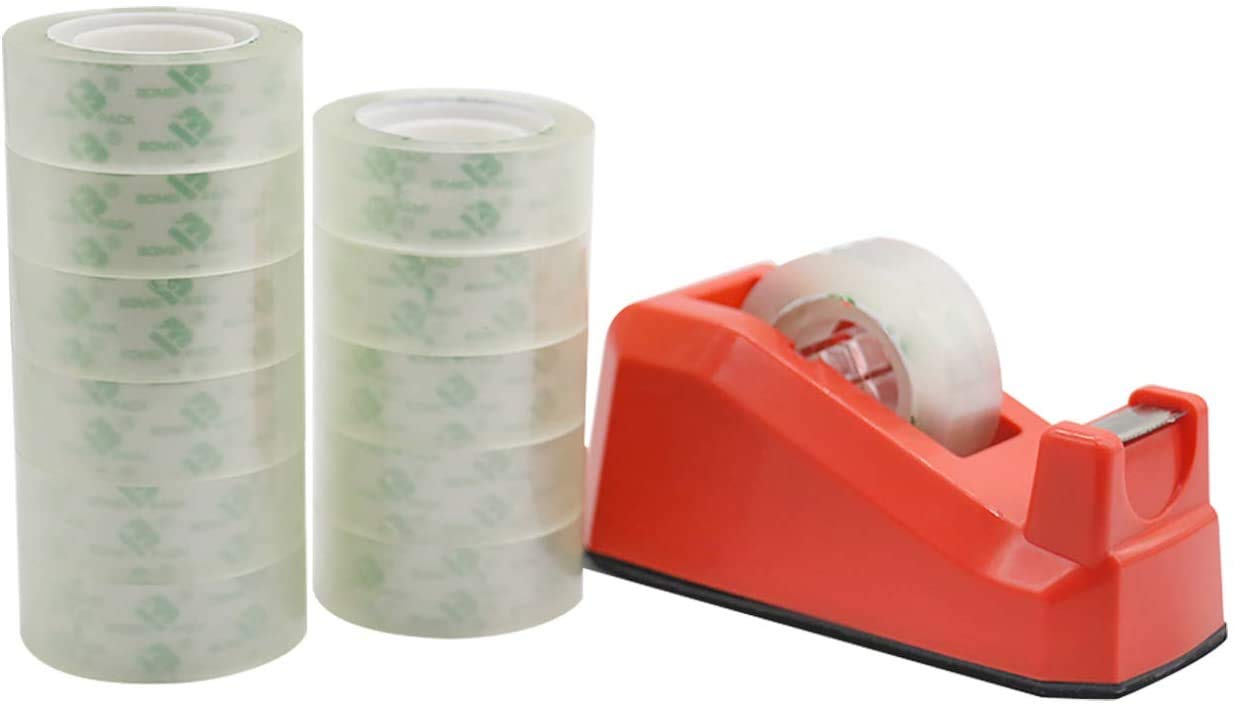 BOMEI PACK 12 Rolls Transparent Small Stationery Tape Refills with 1 Red Desk Tape Dispensers,40mic x 18mm x 33m,Presents Wrapping,Home School Office DIY Craft Sealing Mini Clear Tape