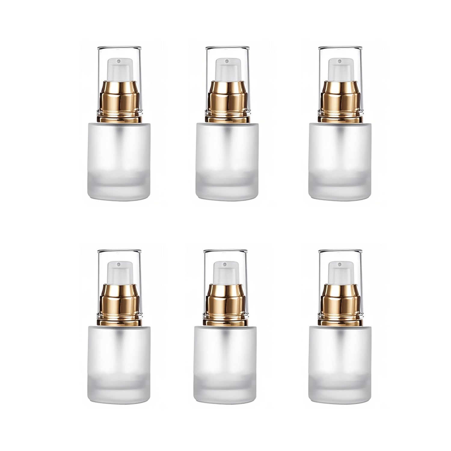 Photo 1 of Doromy 6Pcs Refillable Frosted Glass Lotion Pump Bottles Empty Comestic Bottles Travel Containers 20ml/0.67Oz with Pump Dispensers For Makeup Cream Emulsion Lotion Essential Oils(Golden caps)