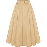 Belle Poque Women Vintage Pleated Skirt with Pockets A Line Midi High Elastic Waist Flared Skirt for Office Daily