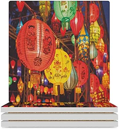 Lantern Ceramic Coasters Worldwide Chinese language New 12 months Celebration China Hong Kong Korea Indigenous Tradition Ceramic Stone Coaster with Cork Base for Sorts of Mugs and Cups Multicolor