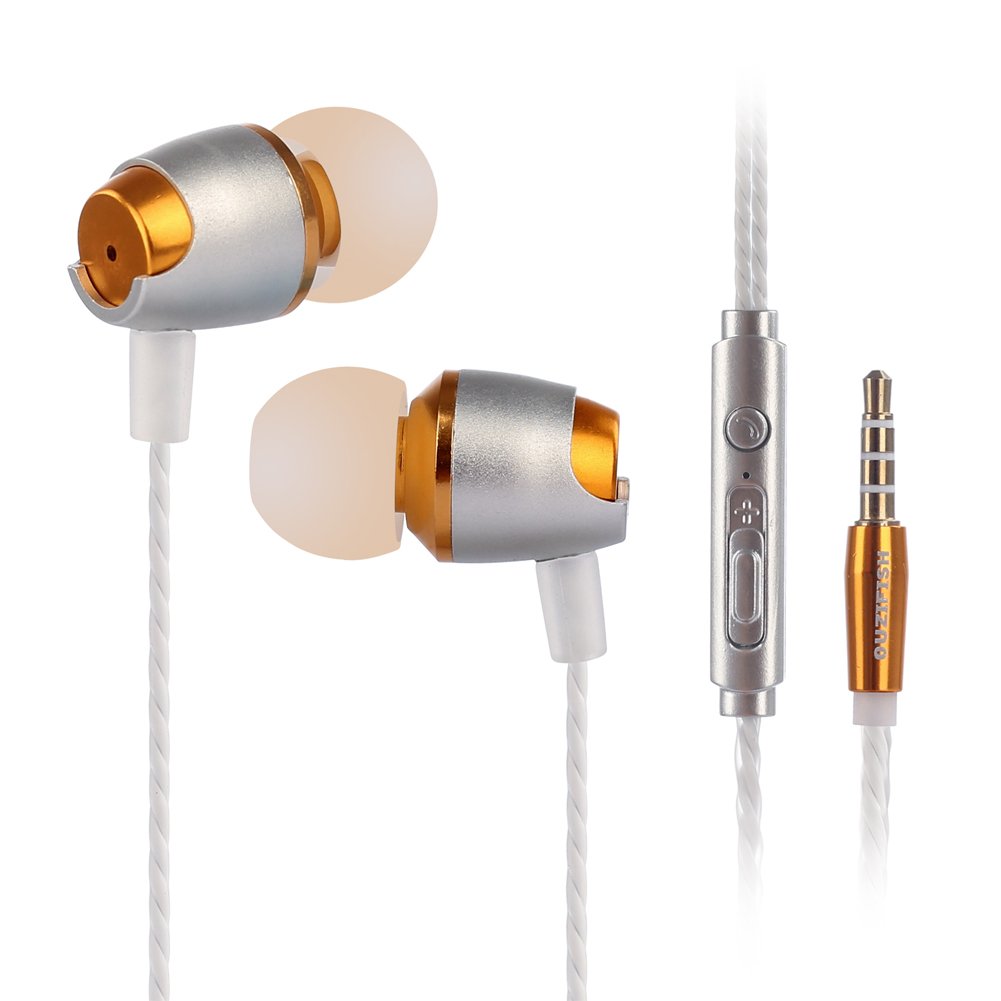 OUZIFISH Premium metal Earbuds, In-Ear Headphones, Stereo Bass Noise-isolating Earphones with Mic Gold