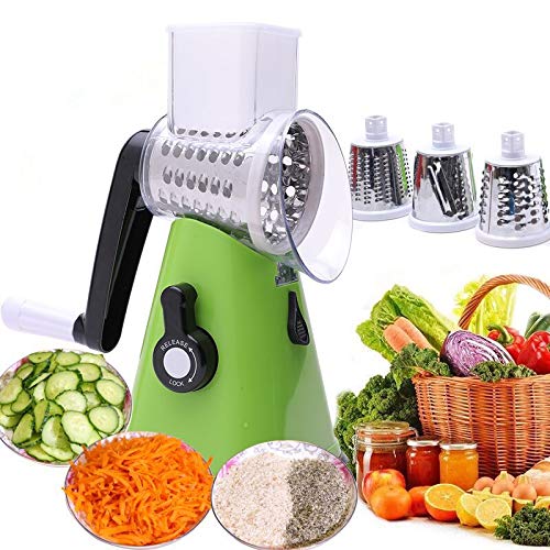 NILICAN Manual Rotary Potato Grater Kitchen Mandoline Vegetable Slicer，with 3 Interchangeable Blades，Easy to use (Green)