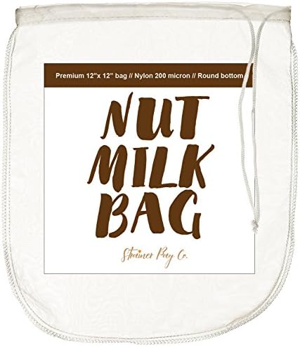 Strainer Bag Co Nut Milk Bag-Large 12"X12"-Reusable all purpose Food Strainer or Cold Brew Coffee Filter-Fine Mesh 200 Micron Nylon Bag-Free Recipe on back of Label + Free E-book