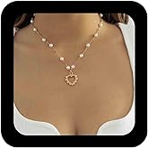 Erimberate Bohemian Love Heart Pendant Necklace Vintage Station Pearl Necklace Choker Hollow Heart Choker Necklace Gold Pearl Chain Necklace Jewelry for Women
