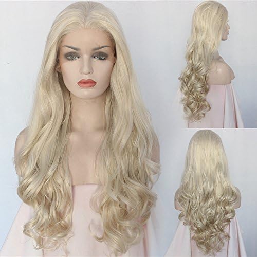 Udreamy High Density Long Natural Wavy Synthetic Lace Front Wigs Blonde Soft Fiber Hair Heat Resistant Synthetic Hair Wigs For Women 24inch