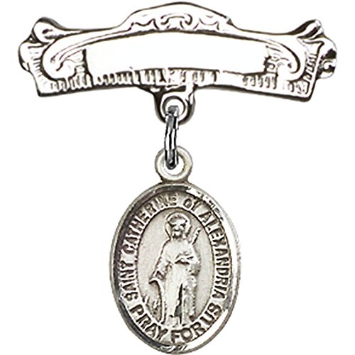 Sterling Silver Baby Badge with St. Catherine of Alexandria Charm and Arched Polished Badge Pin 7/8 X 7/8 inches