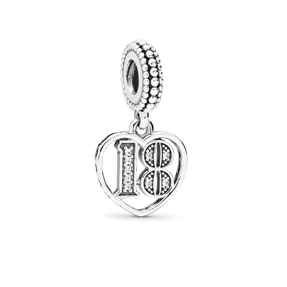 FGT 18 Celebration Heart Dangle Charm fits Pandora Bracelets Lucky Number Birthday Charms Gift for Women Daughter Sister Sterling Silver