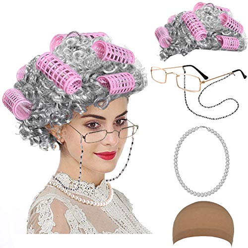 Old Lady Cosplay Set Grandmother Wig, Wig Cap,Madea Granny Glasses