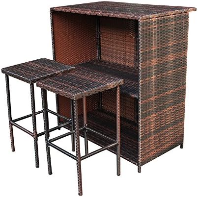 Summer 3pc Patio Bar Set Outdoor Backyard Wicker Bar Stool And Table With 2 Storage Shelves For Lawn Pool Dining Indoor Wicker Garden Furniture Set |RESPECTING