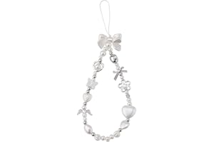 Gosknor 2pcs Phone Charm Strap, Heart Bow Beaded Phone Charm Cute Fashion Beaded Keychain Wrist Strap for Key Ring Backpack W