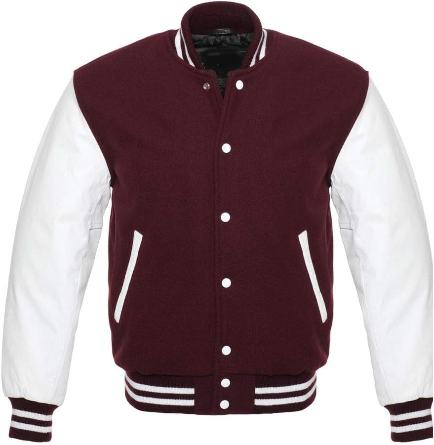 Varsity Letterman Baseball Bomber Retro Vintage Jacket Maroon Wool White Genuine Leather Sleeves