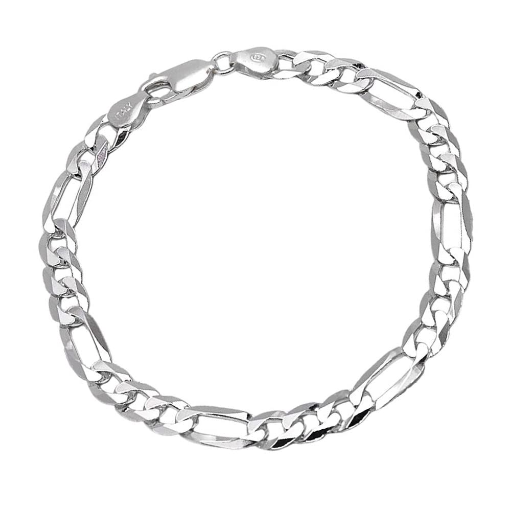 Treasure Bay Mens Womens Sterling Silver Figaro Chain Bracelet Made in Italy Width: 6.2mm (17.50)