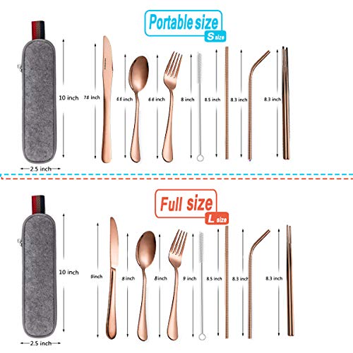 Rose gold Travel flatware set with Case Stainless Steel silverware Tableware Set,Include Knife/Fork/Spoon/Straw (Portable Rose gold)