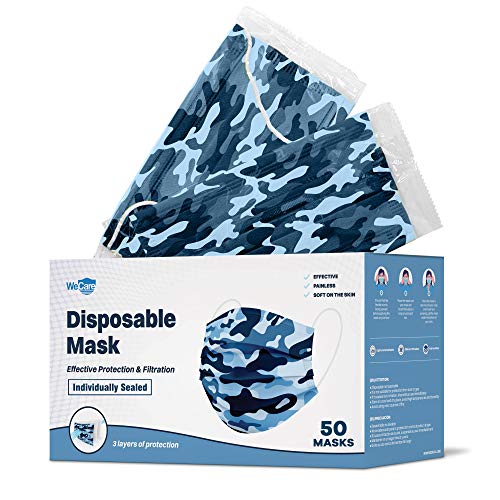WeCare Disposable Face Mask Individually Wrapped 50 Pack, Blue Camo