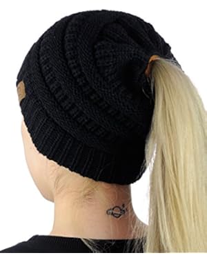 BeanieTail Soft Stretch Cable Knit Messy High Bun Ponytail Beanie Hat