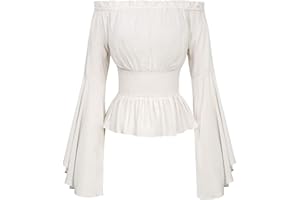 JINLIY Womens Renaissance Shirt Off Shoulder Trumpet Smocked Waist Blouse Tops Medieval Victorian Cosplay Costume