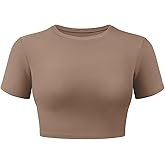 VOYJOY Womens Double Lined Fitted Short Sleeve Crop Tops Crew Neck Casual Workout T Shirts Cute Basic Tee
