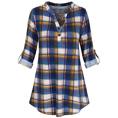 Rambling Fashion New Womens Split V Neck Rolled up Sleeve Plaid Casual Blouse Tops