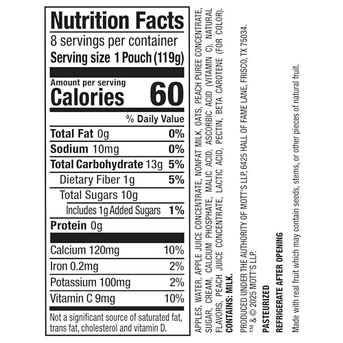 MOTT’S FRUIT SMOOTHIES VANILLA PEACH, 4.2 OZ CLEAR POUCHES, 8 PACK, MADE WITH MILK, MADE WITH REAL FRUIT, GOOD SOURCE OF CALCIUM, ON-THE-GO