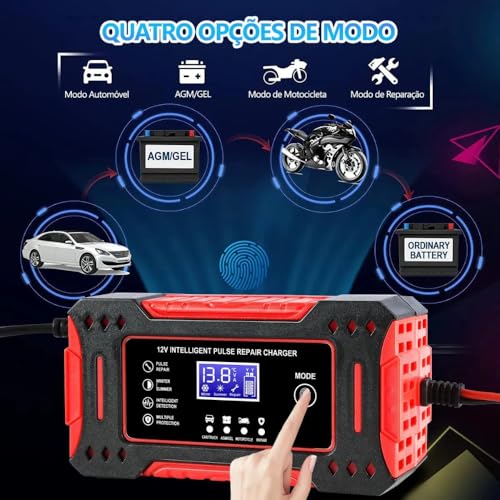 Carregador de Bateria Inteligente 12V Bivolt com Display Digital – Para Carro, Moto e Caminhão | Proteção contra Superaquecimento, Sobrecarga, Curto-Circuito e Compensação de Temperatura - Premium