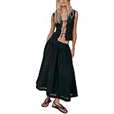 HOXIJIA Women Long Skirt 2 Pieces Set Hollow Out Eyelet Lace Tie Front Vest and Skirt 2PCS Outfits Vintage Solid Color Set