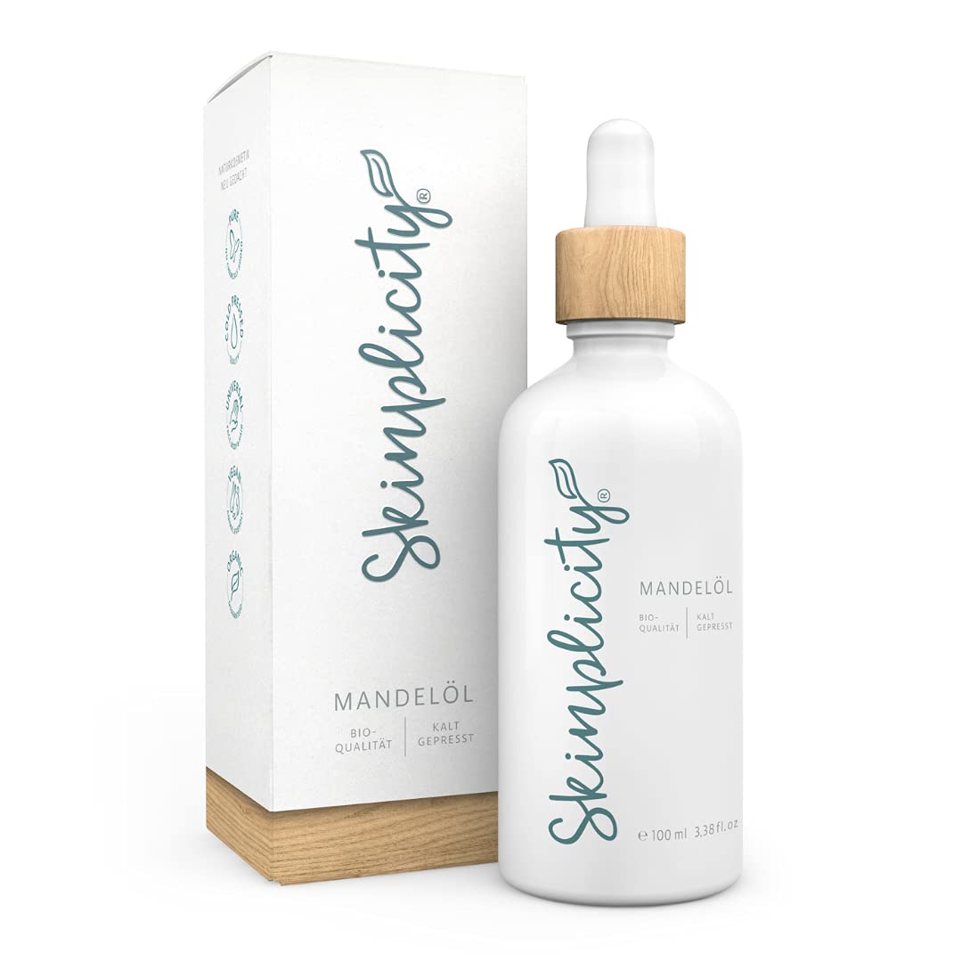 Skinplicity Organic Quality Cold Pressed Almond Oil - 100ml - Pure Natural Care Product for Skin and Hair - Vegan, Cruelty