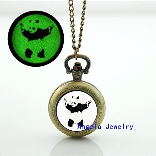 Pretty Lee Fashion Panda With Guns Glowing Pocket Watch Necklace Cute Panda Jewelry Glow in The Dark Pendant