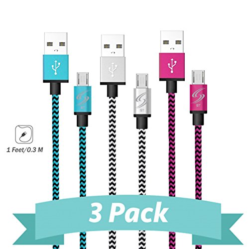 StyleTech Inc. Aluminum Nylon Braided Series 1 Feet Micro-USB Syncing/Charging Data Cable for Android, Samsung, HTC, Windows, Motorola, Tablets, etc. (3.) Blue - White - Pink)