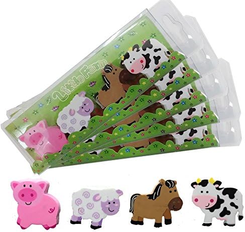 24 x Little Farm Animal Eraser Sets in Presentation Packs. Cute Cow, Horse, Sheep and Pig Erasers. Ideal Party Bag Filler / Class Gift